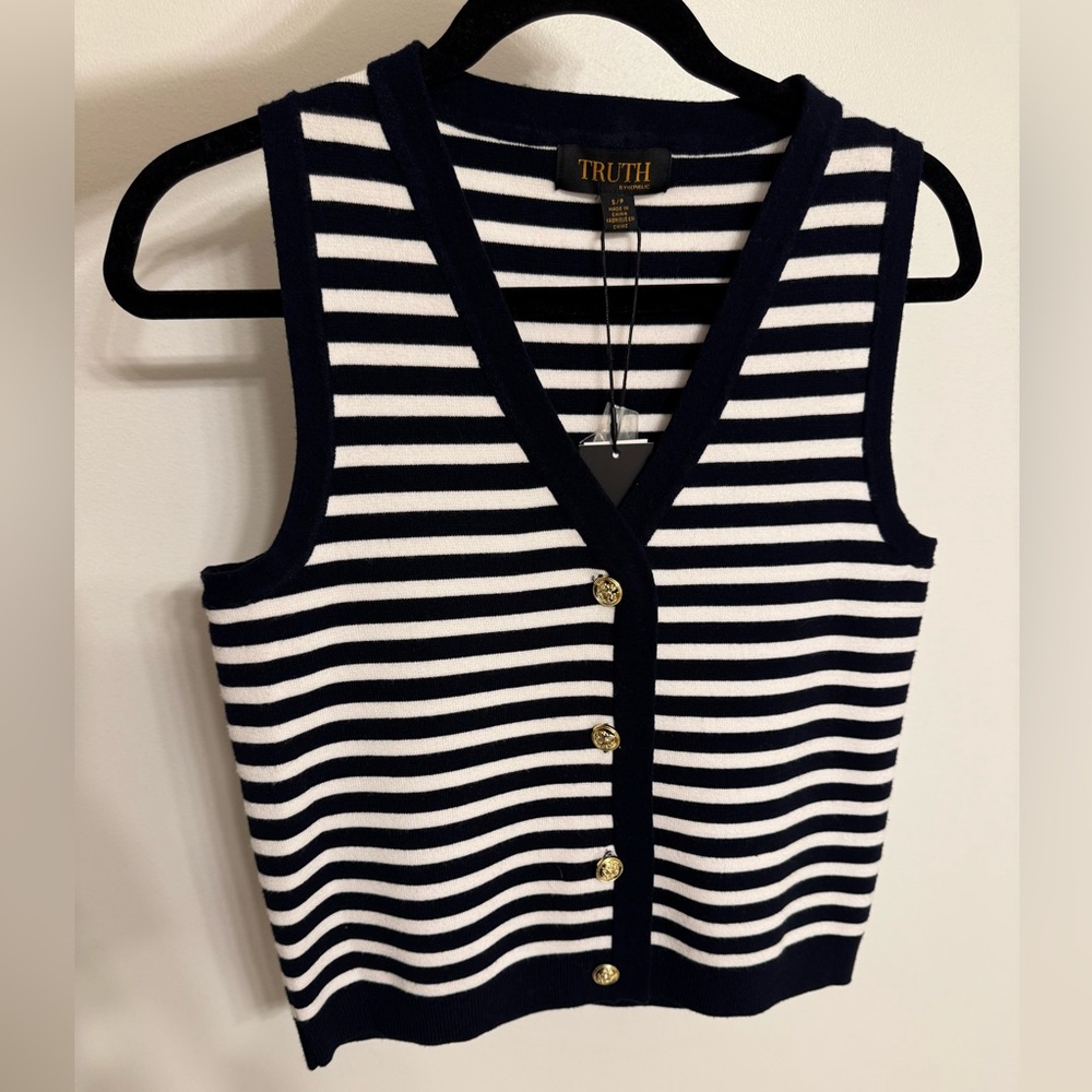 Truth by Republic White Navy Striped Viscose Knit Vest Gold Buttons NWT Size S/P